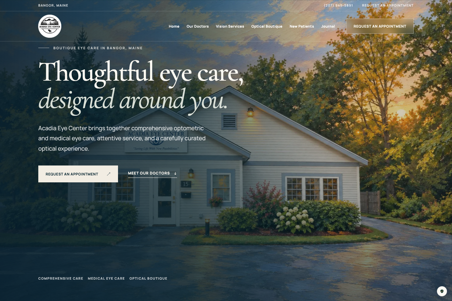 Acadia Eye website shown in a browser window