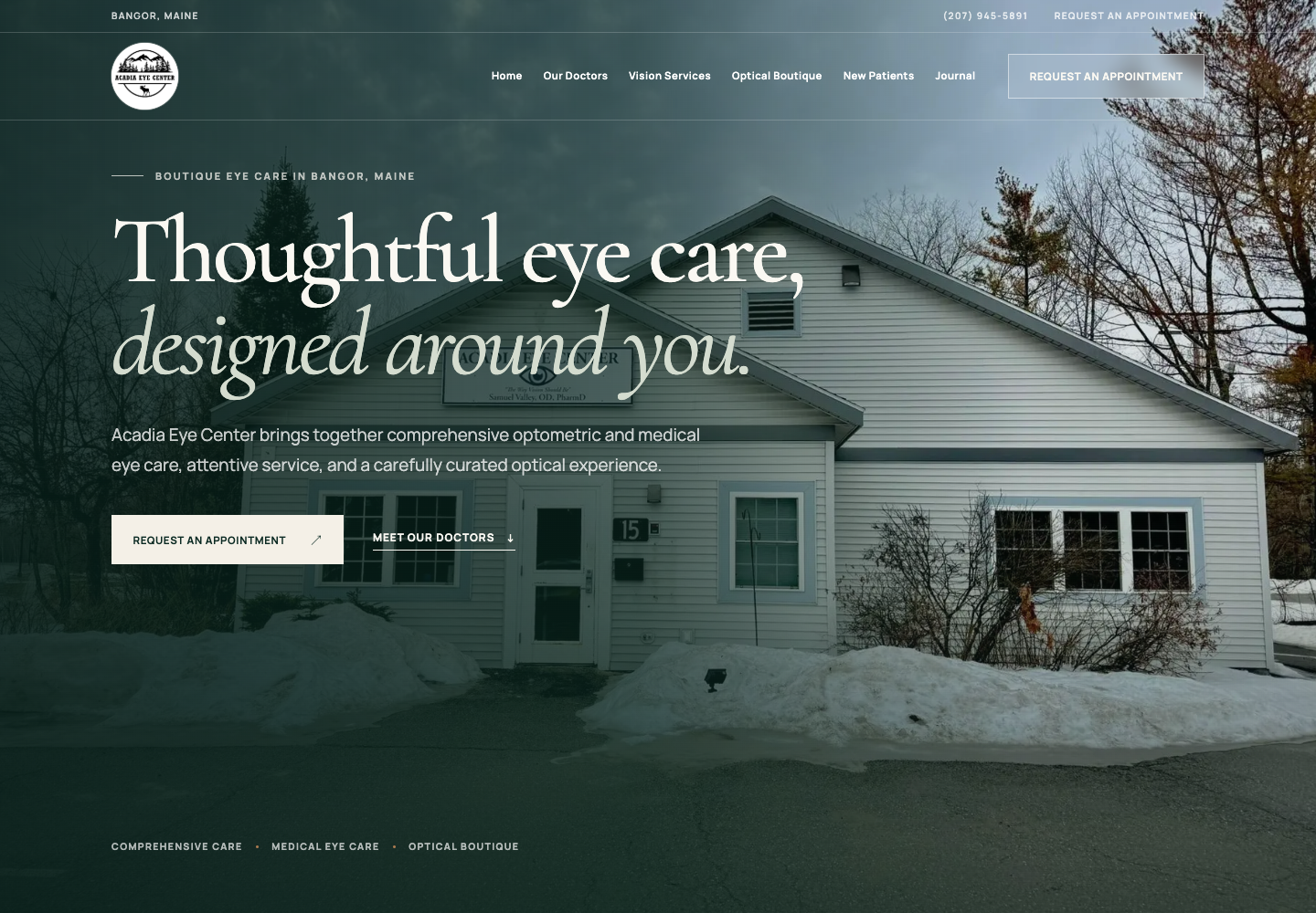 Acadia Eye website shown in a browser window