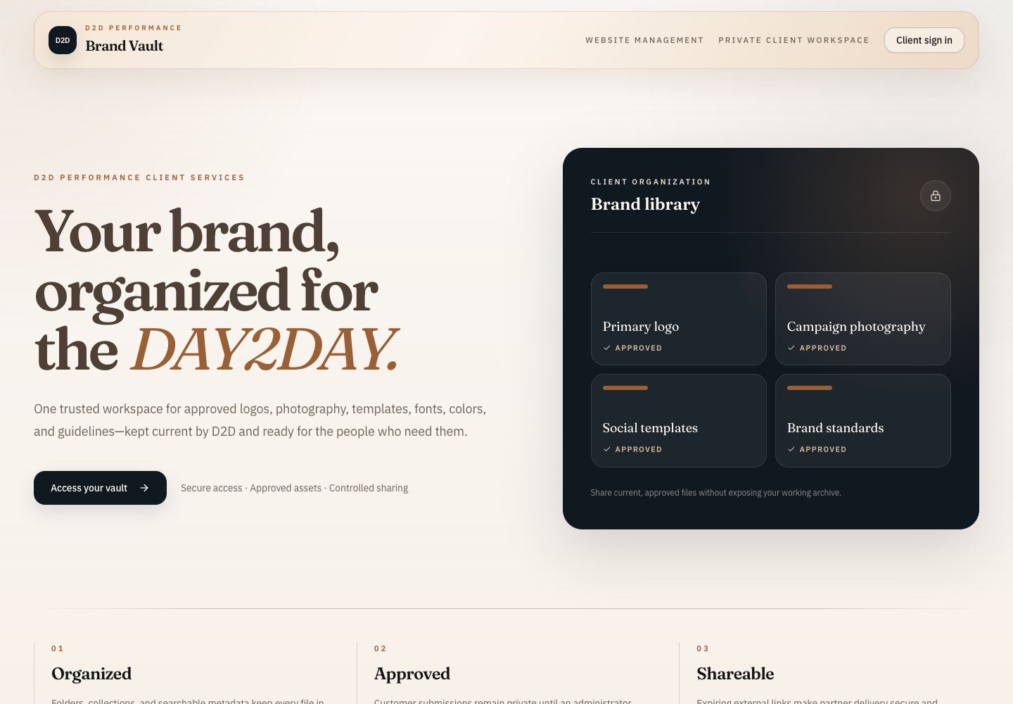 D2D Brand Vault website shown in a browser window