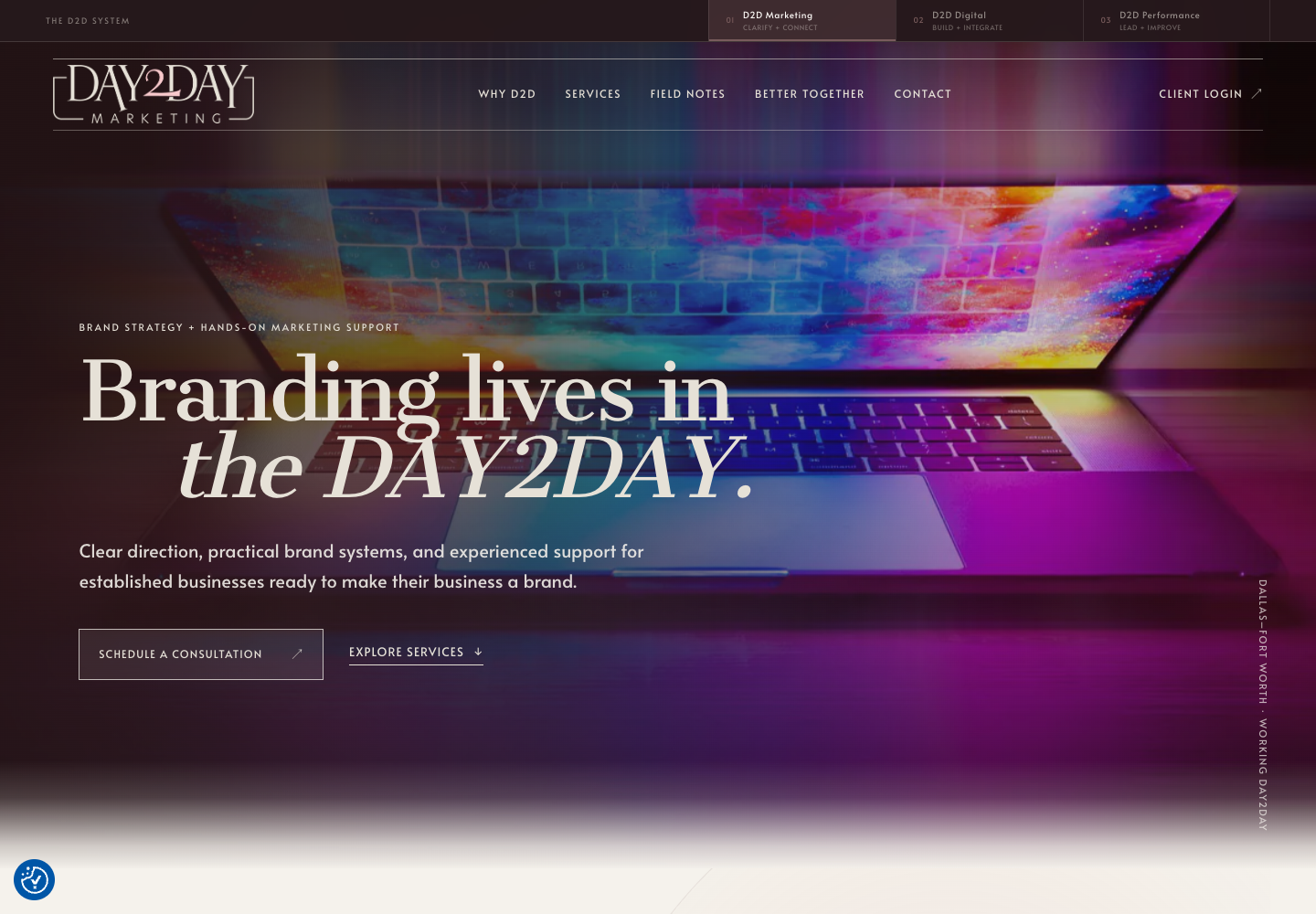 D2D Marketing website shown in a browser window